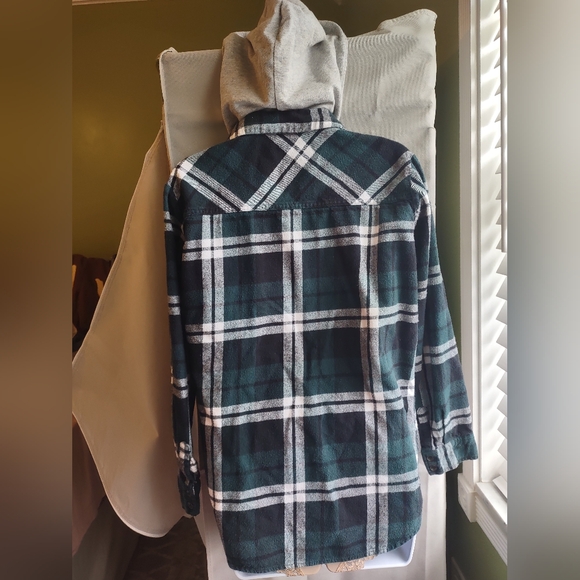 Forever 21 Flannel Hoodie Jacket / Shirt Green Black & White Plaid size S - Picture 3 of 6